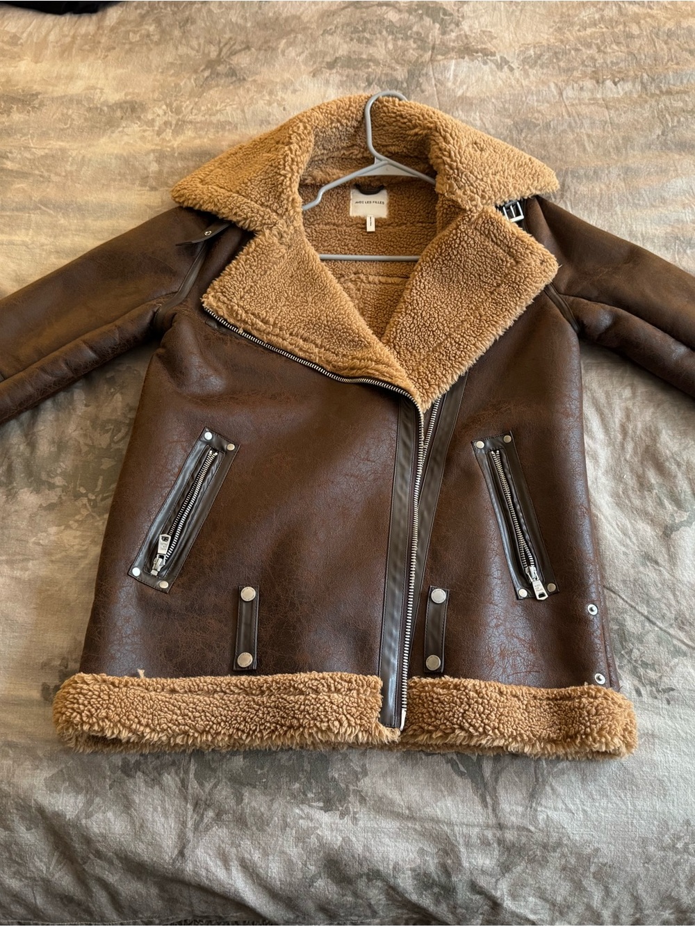 Avec Les Filles Brown Faux-Shearling Trim Moto Jacket